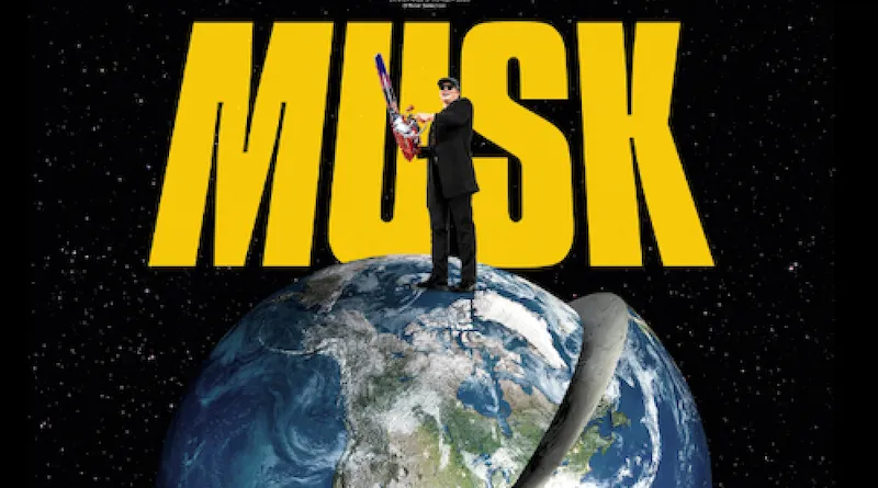 شخص يقف على الكرة الأرضية ممسكًا بمضرب بيسبول أمام خلفية فضائية مع كلمة "Musk" باللون الأصفر، تعبيرًا عن فيلم وثائقي عن إيلون ماسك.