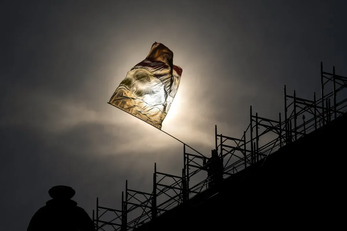 متظاهر يحمل علم رومانيا في بوخارست، مع ظهور الشمس خلفه، خلال احتجاج ضد إلغاء الانتخابات الرئاسية.