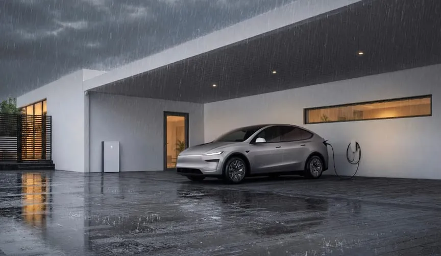 سيارة تسلا موديل Y مشحونة ومتصلة ببطارية Powerwall 3 في منزل حديث أثناء هطول المطر، توضح ميزة التغذية الاحتياطية للطاقة.