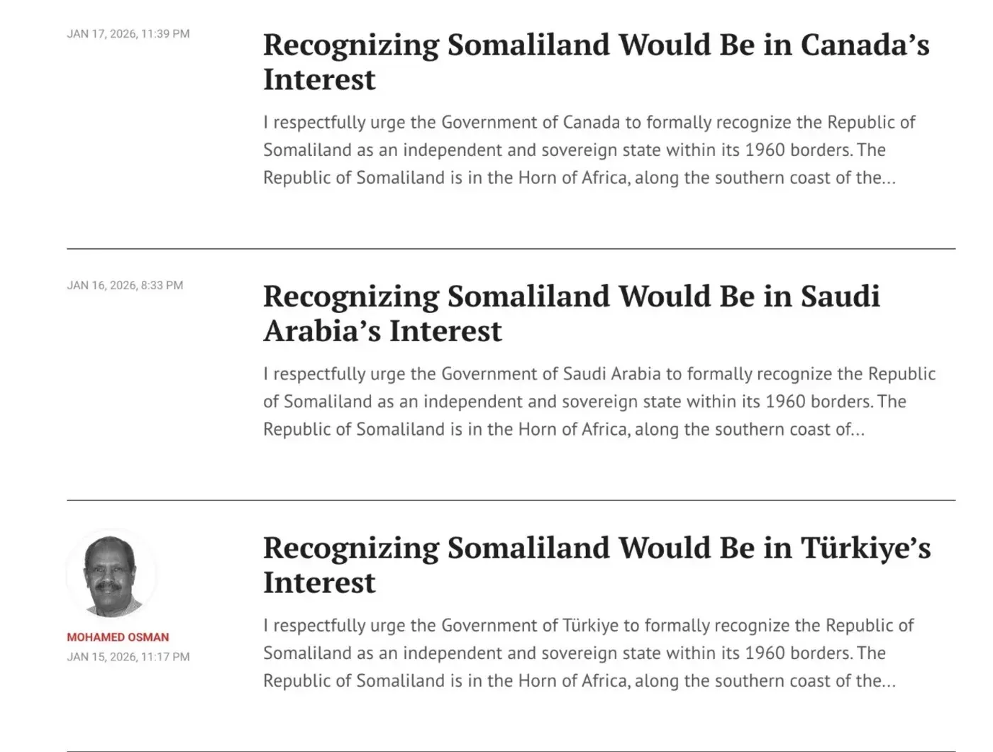 مقالات تدعو للاعتراف بأرض الصومال كدولة مستقلة، مع التركيز على مصالح كندا والسعودية وتركيا، من تأليف محمد عثمان.