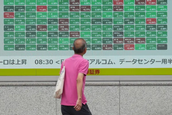 شخص يرتدي قميصًا ورديًا يتفقد شاشة تعرض بيانات السوق المالي، مع ارتفاع مؤشر Nikkei 225 الياباني إلى 68,000 نقطة.