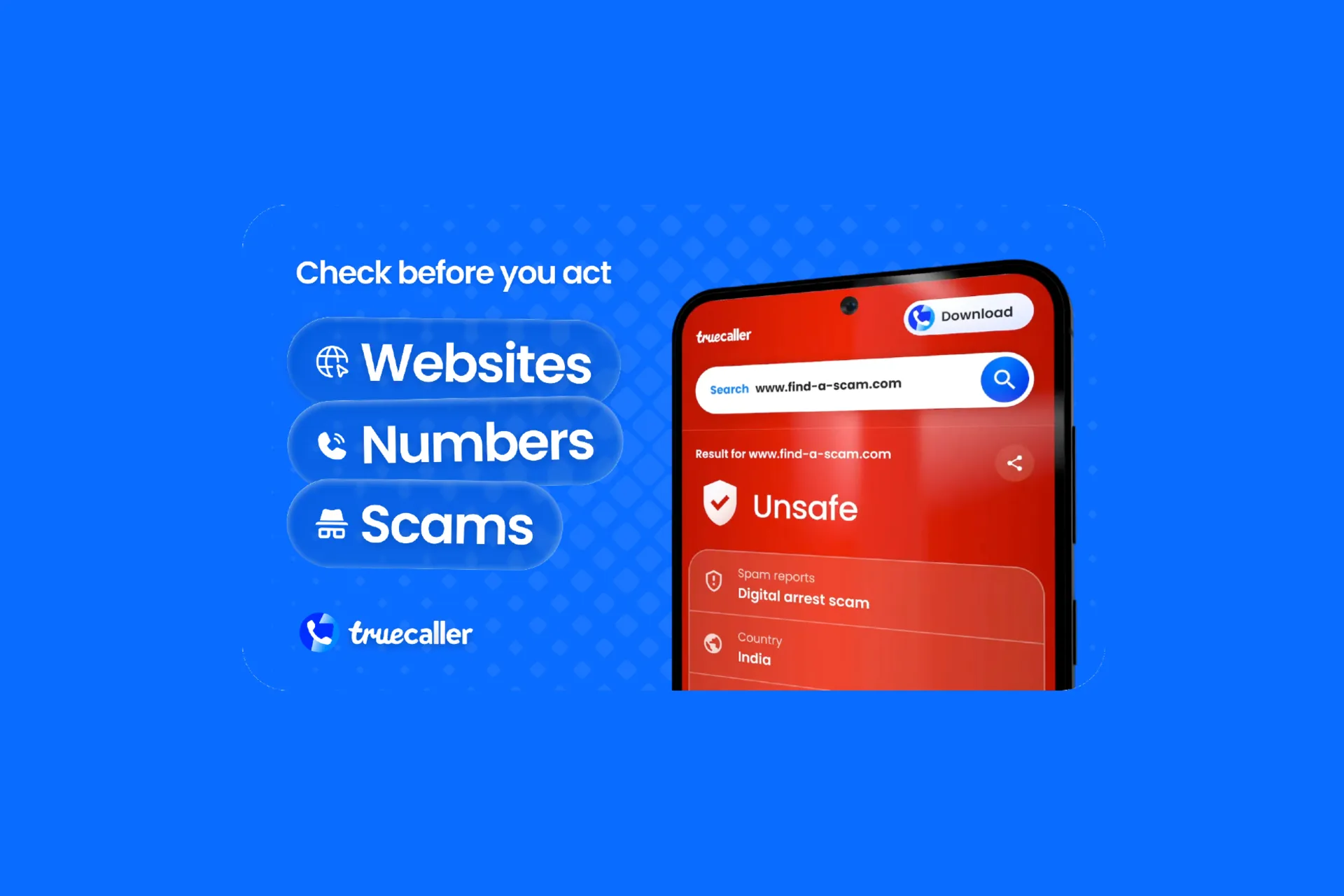 واجهة أداة Truecaller الجديدة لفحص الأرقام والروابط المشبوهة عبر الويب مع تحذير "غير آمن" لتعزيز مكافحة الاحتيال.