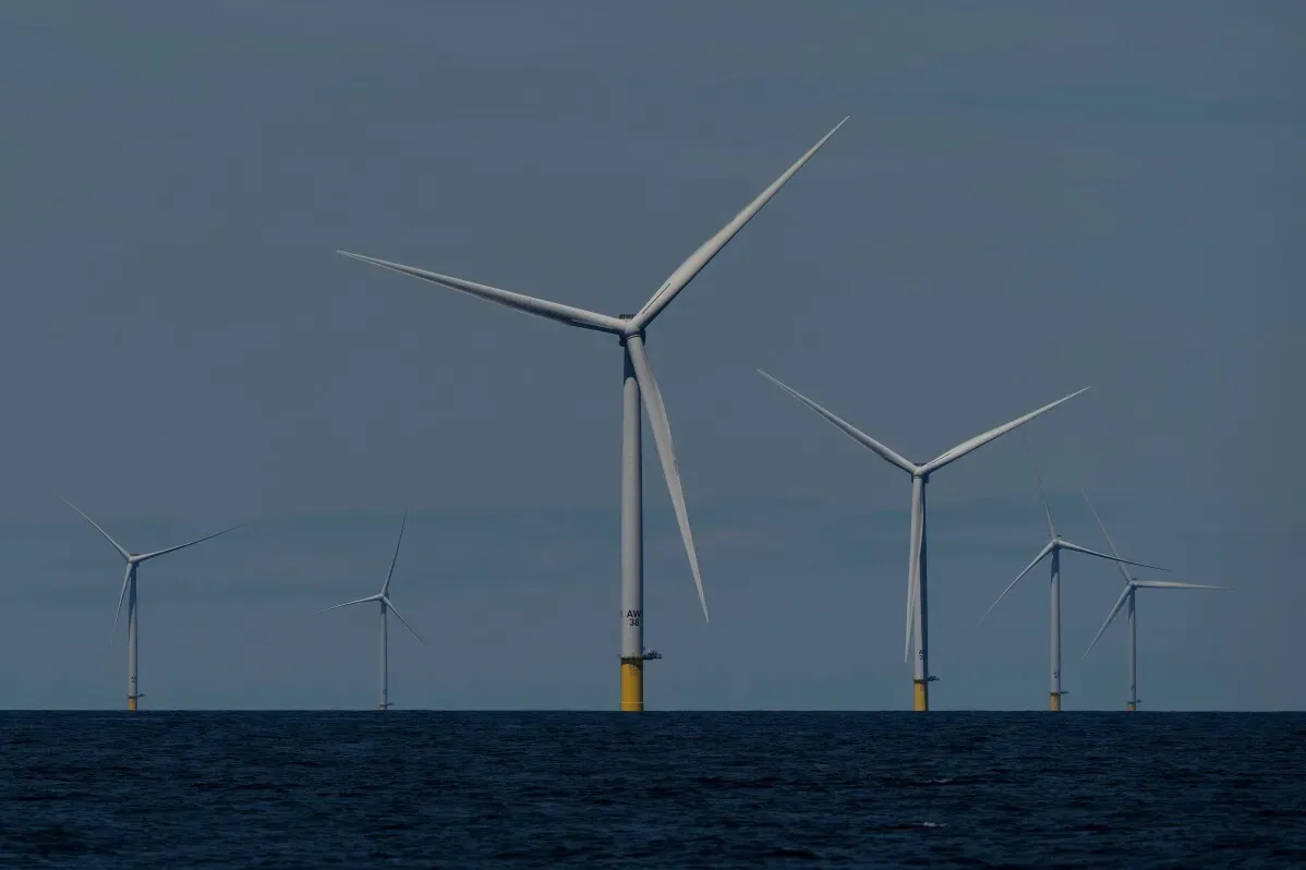 تظهر الصورة مجموعة من توربينات الرياح البحرية في عرض البحر، تعكس التحول في سياسة الطاقة الأمريكية بعد قرار إدارة ترامب بوقف مشاريع الطاقة المتجددة.