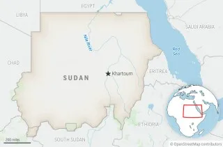 خريطة توضح موقع السودان مع تحديد العاصمة الخرطوم، تعكس الوضع الجغرافي في ظل النزاع المستمر منذ عام 2023.