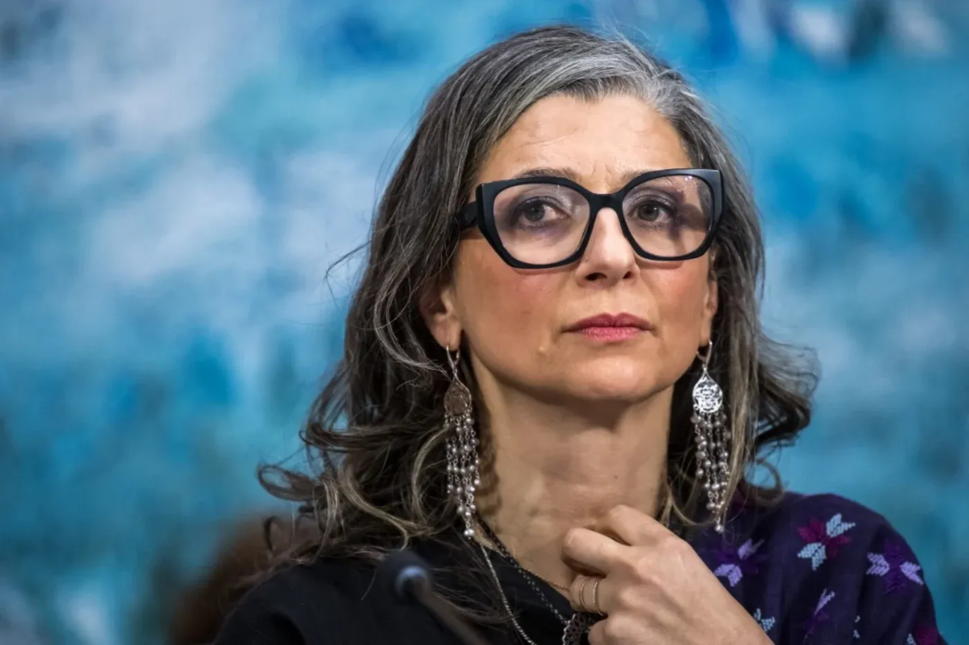 المقررة الخاصة للأمم المتحدة Francesca Albanese خلال مؤتمر صحفي، تعبير عن موقفها في قضايا حقوق الإنسان والأراضي الفلسطينية.