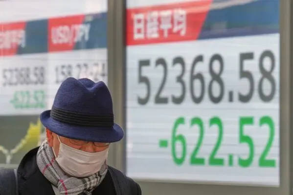 رجل يرتدي قبعة وزي رسمي مع كمامة، يسير أمام شاشة تعرض تراجع مؤشر نيكاي 225 في طوكيو، مما يعكس حالة عدم اليقين الاقتصادي.