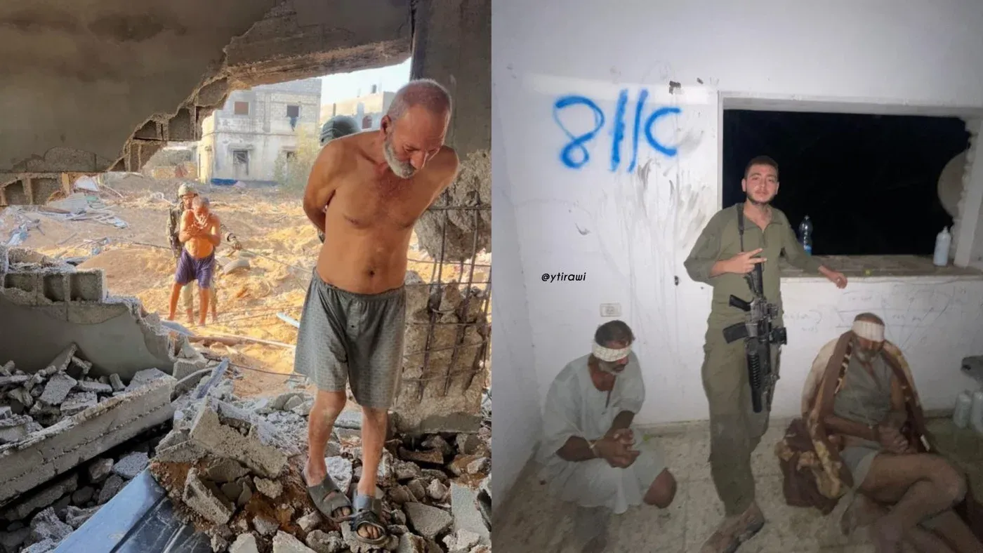 رجلان مسنان فلسطينيان معصوبا العينين محاطان بعناصر جيش إسرائيلي في بيت لاهيا قبل إعدامهما، يظهران ضمن سياق استخدام المدنيين كدروع بشرية في غزة.