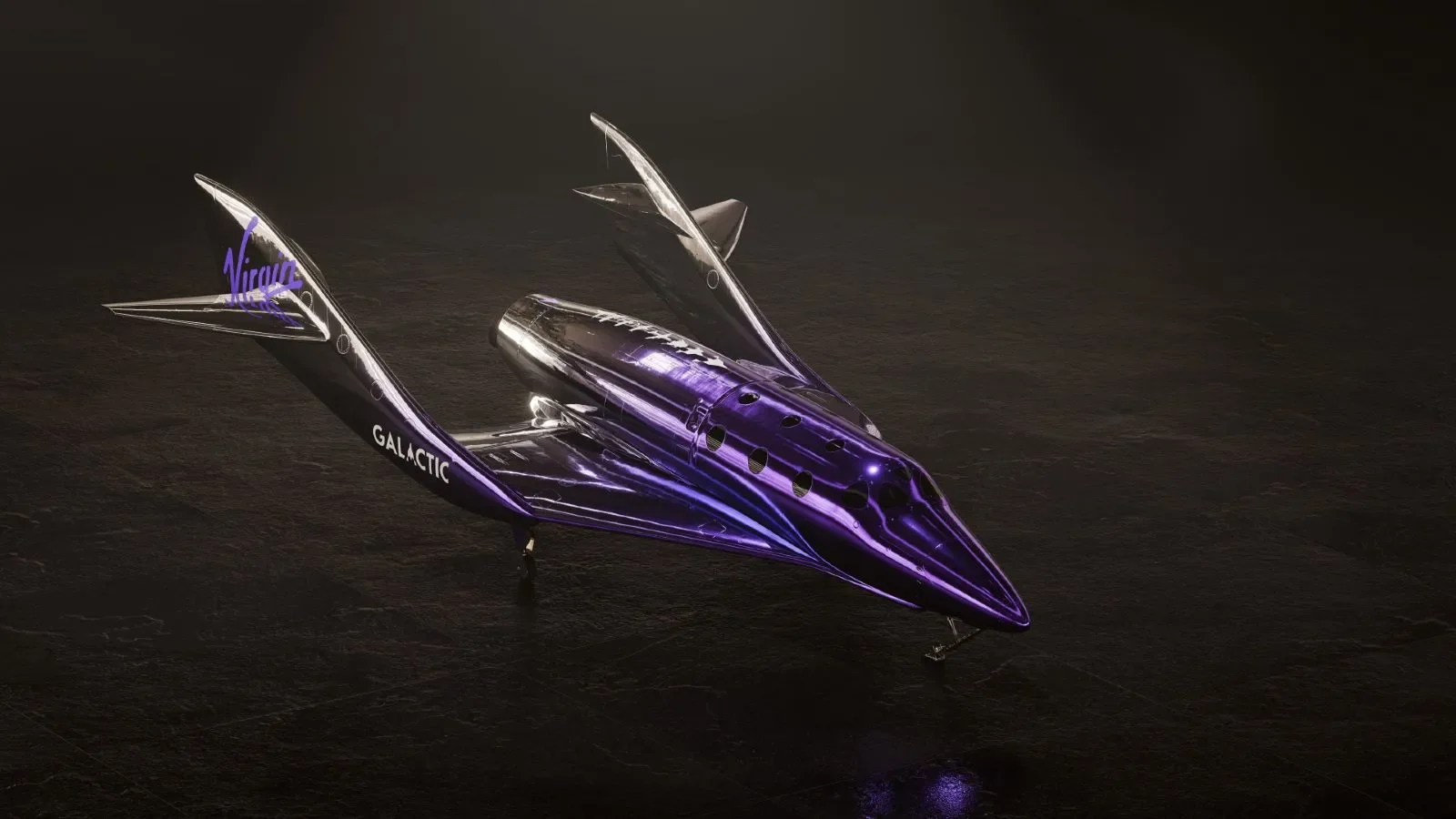 مركبة دلتا الفضائية من Virgin Galactic بتصميم حديث بلون أرجواني معدني استعداداً لاختبارات الطيران في ميناء أمريكا الفضائي.