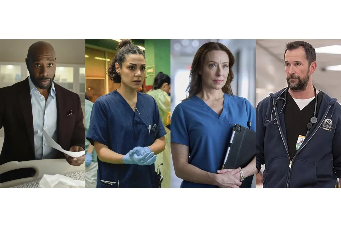 مجموعة من الأطباء في بيئات مختلفة، يظهرون في مشاهد من مسلسلات درامية جديدة تتعلق بالرعاية الصحية، تعكس التحديات في أقسام الطوارئ.