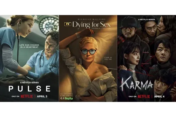 ملصق يروج لمسلسل "نبض" على نتفليكس، و"Dying for Sex" من إنتاج FX، و"Karma"، مع صور للشخصيات الرئيسية.