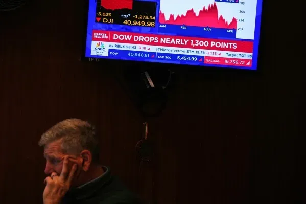 تظهر الصورة متداولاً في بورصة الأسهم أمام شاشة تعرض انخفاض مؤشر داو جونز بأكثر من 1300 نقطة، مما يعكس تقلبات السوق.
