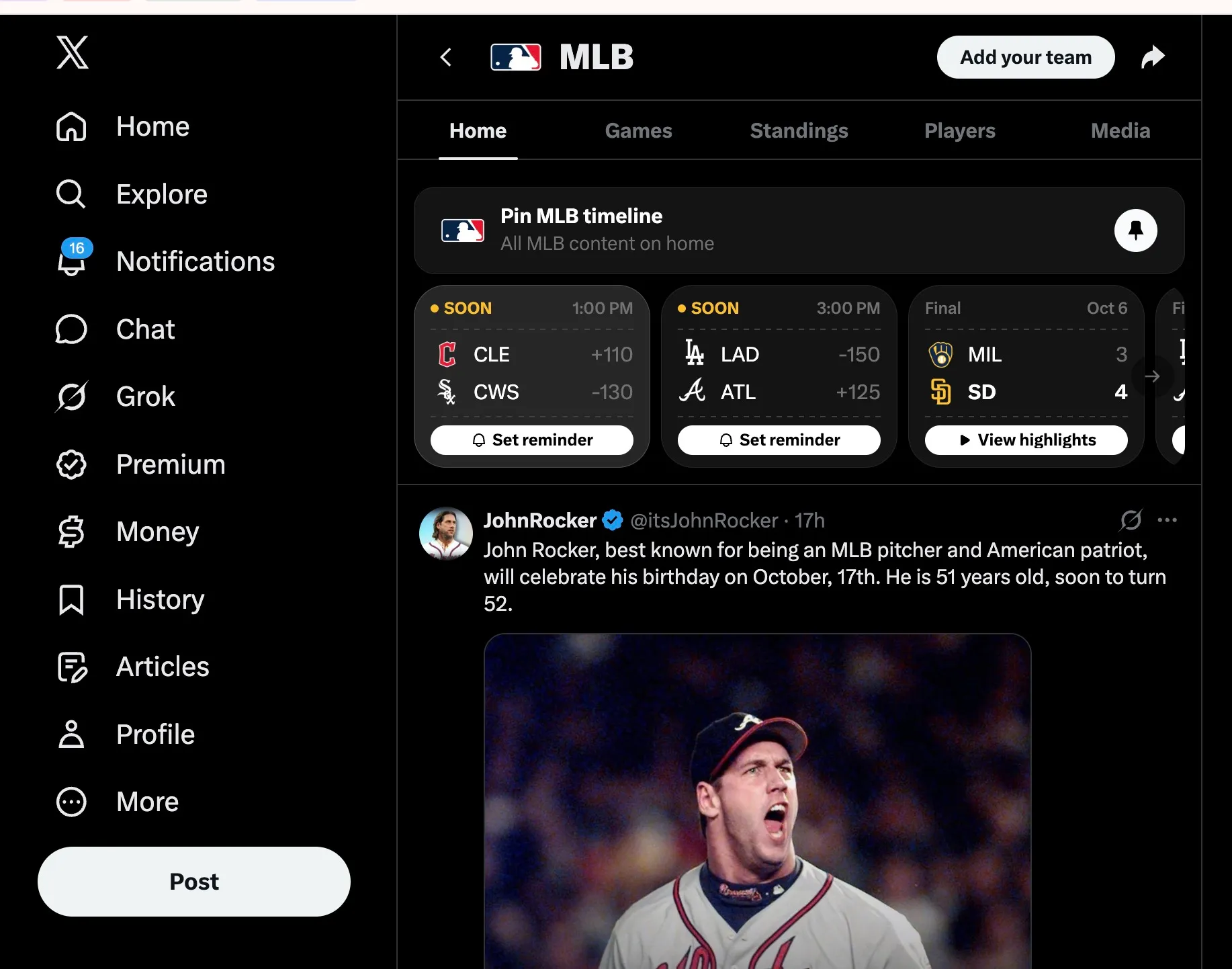 واجهة منصة X تعرض قسم MLB مع نتائج مباريات البيسبول الأمريكية وتحديثات حية لتعزيز تجربة المشجعين الرياضيين.