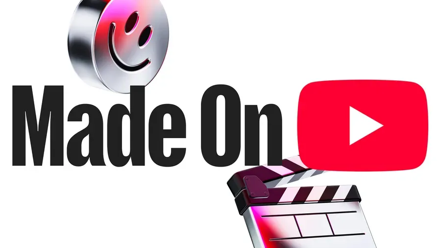 شعار فعالية Made on YouTube مع رمز تشغيل يوتيوب ولوحة تصوير سينمائية تعبر عن تحديثات البث المباشر والدبلجة الفورية على المنصة.
